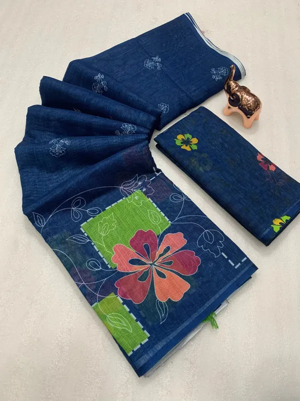 Blue_Lightweight_Linen_Comfort_Cotton_Saree_For_Women