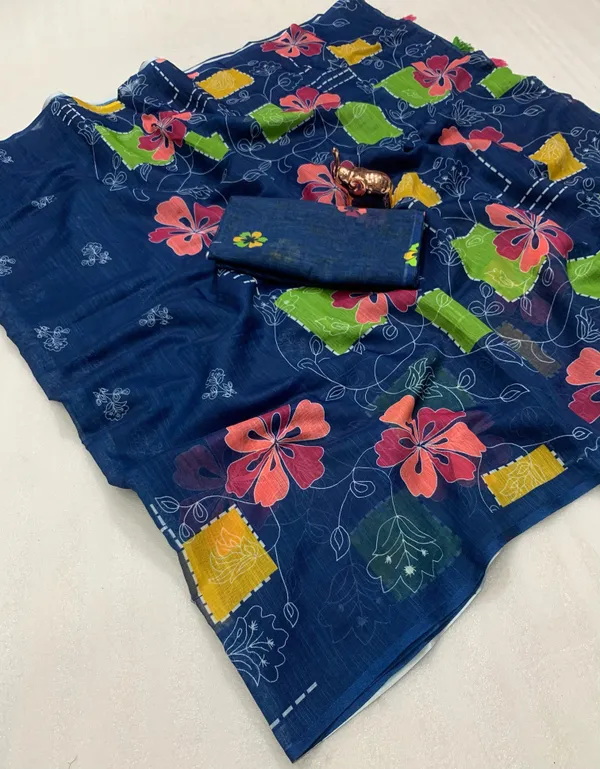 Blue_Lightweight_Linen_Comfort_Cotton_Saree_For_Women