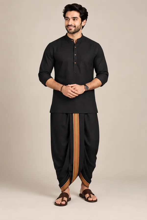 Aaradh_Black_Cotton_Blend_Readymade_Elastic_Silk_Dhoti_for_Men_