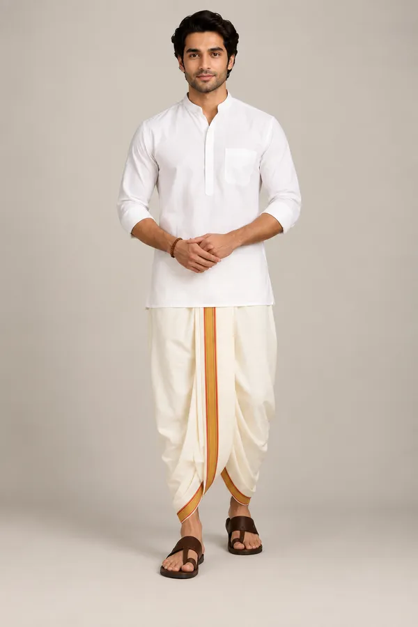 Aaradh_Cream_White_Cotton_Blend_Readymade_Elastic_Silk_Dhoti_for_Men_