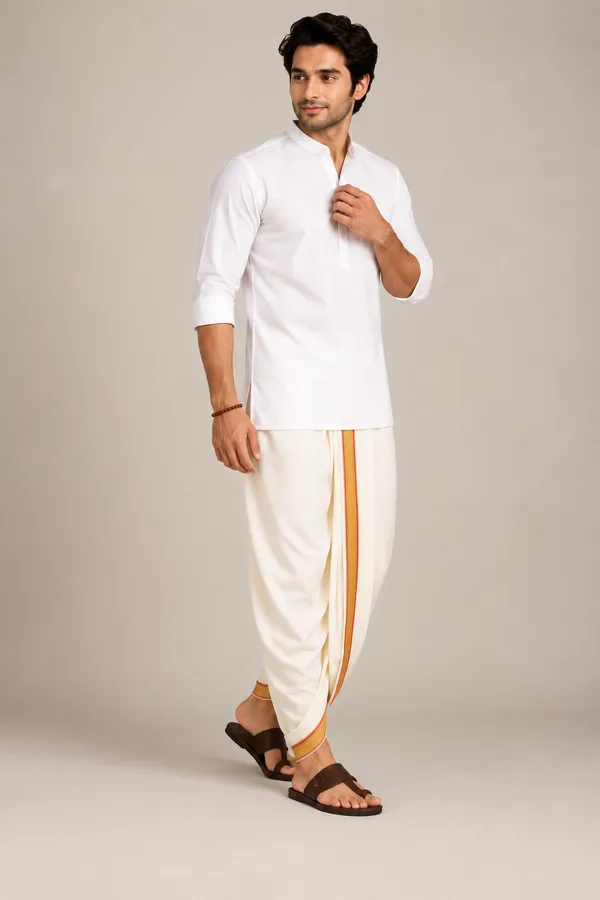 Aaradh_Cream_White_Cotton_Blend_Readymade_Elastic_Silk_Dhoti_for_Men_
