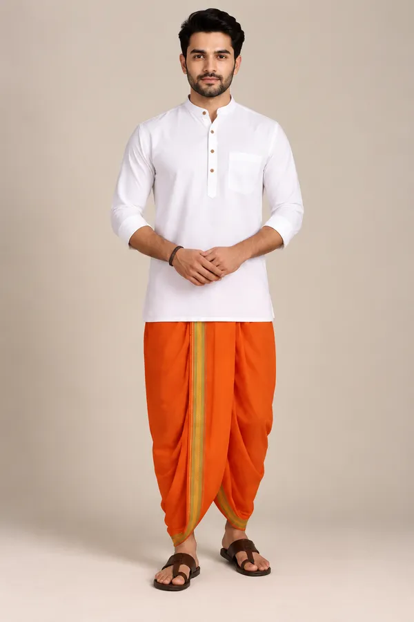 Aaradh_Orange_Cotton_Blend__Readymade_Elastic_Silk_Dhoti_for_Men_