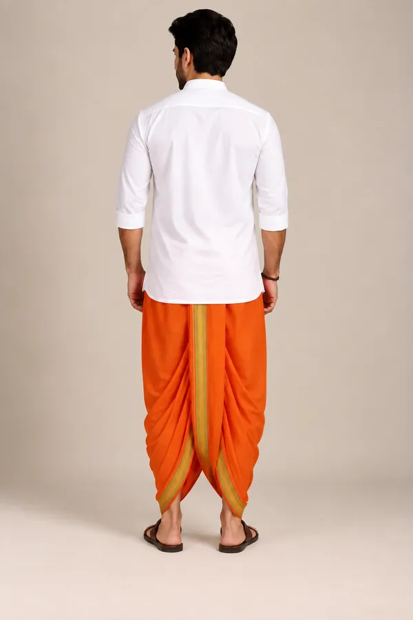 Aaradh_Orange_Cotton_Blend__Readymade_Elastic_Silk_Dhoti_for_Men_