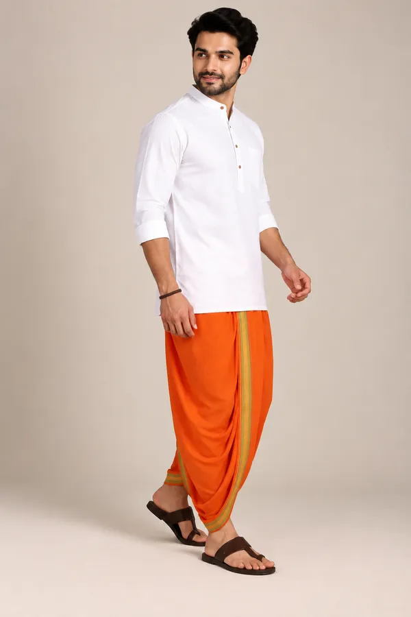 Aaradh_Orange_Cotton_Blend__Readymade_Elastic_Silk_Dhoti_for_Men_