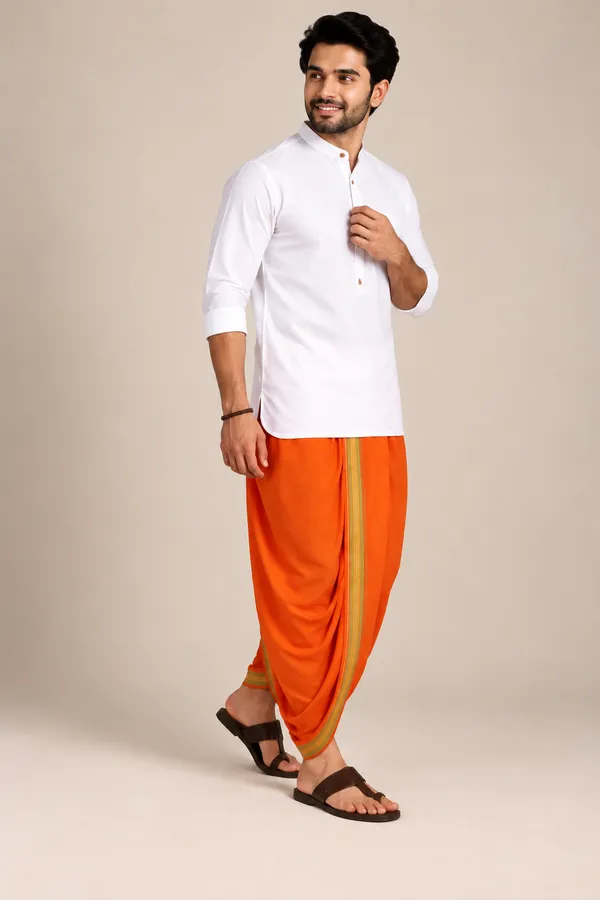Aaradh_Orange_Cotton_Blend__Readymade_Elastic_Silk_Dhoti_for_Men_