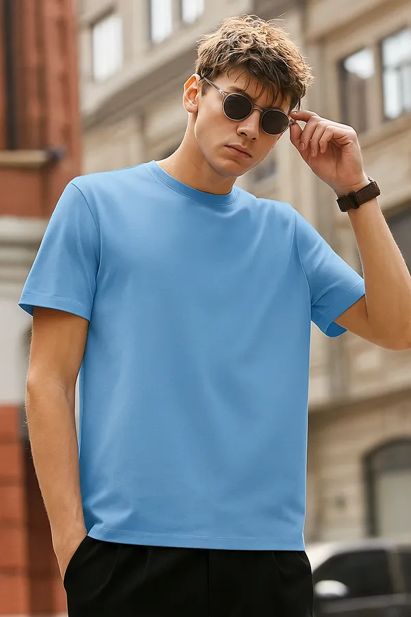 Sky_Blue_Premium_Cotton_Fabric_Regular_Round_Neck_T_Shirt_For_Men
