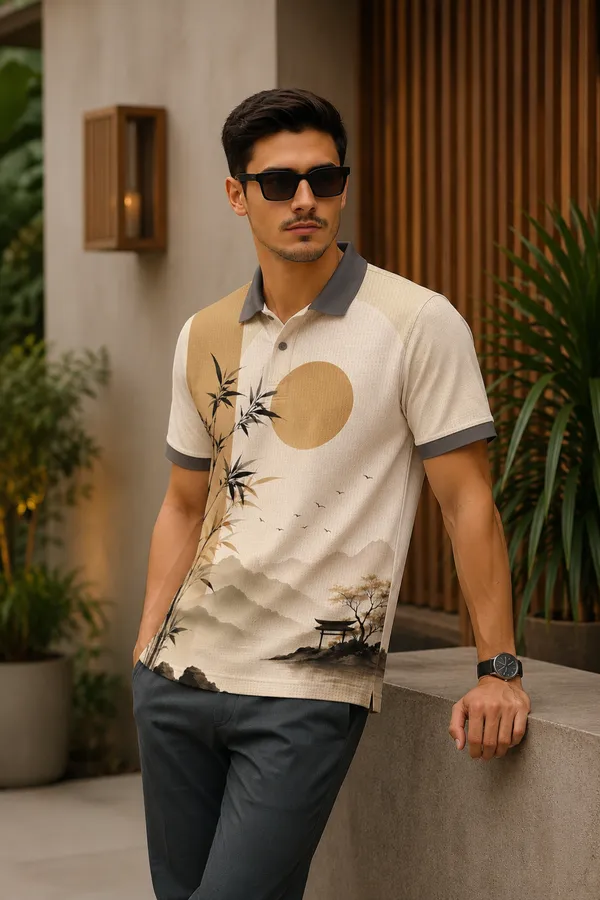 Mens_Cream_Abstract_Landscape_Print_Polo_T-Shirt_Premium_Casual_Wear