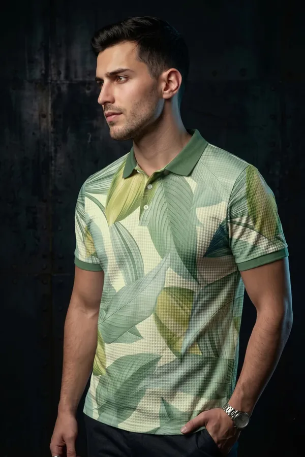 Men's_Green_Botanical_Printed_Polo_T-Shirt