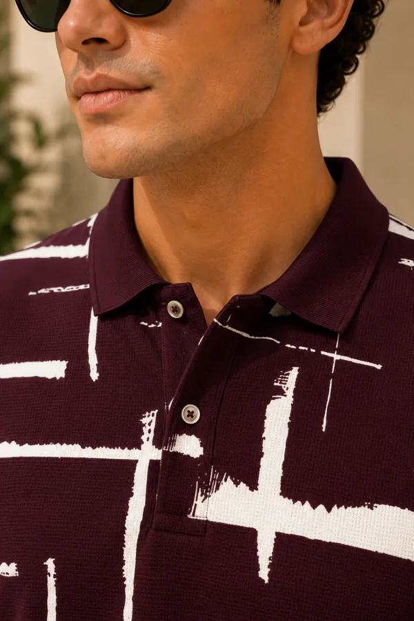 Tshirtsbuddy_Men's_Maroon_and_White_Cross-Hatch_Abstract_Pattern_Polo_T-Shirt