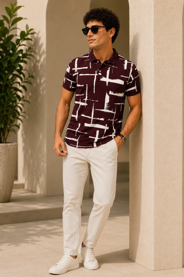 Tshirtsbuddy_Men's_Maroon_and_White_Cross-Hatch_Abstract_Pattern_Polo_T-Shirt