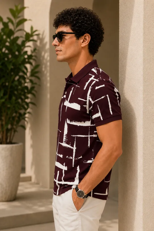 Tshirtsbuddy_Men's_Maroon_and_White_Cross-Hatch_Abstract_Pattern_Polo_T-Shirt