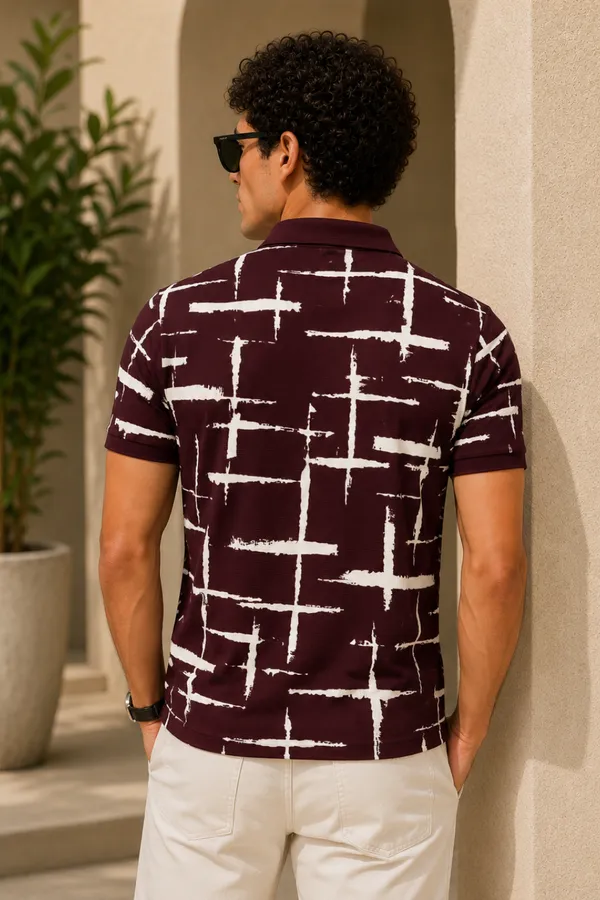 Tshirtsbuddy_Men's_Maroon_and_White_Cross-Hatch_Abstract_Pattern_Polo_T-Shirt