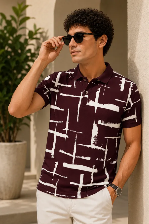 Tshirtsbuddy_Men's_Maroon_and_White_Cross-Hatch_Abstract_Pattern_Polo_T-Shirt