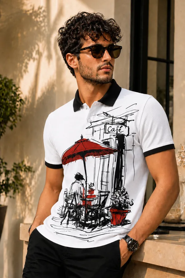 Street_Side_Cafe_Sketch_Men's_Polo_White_T-Shirt