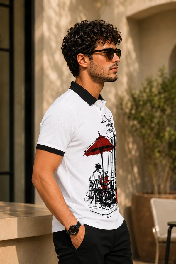 Street_Side_Cafe_Sketch_Men's_Polo_White_T-Shirt