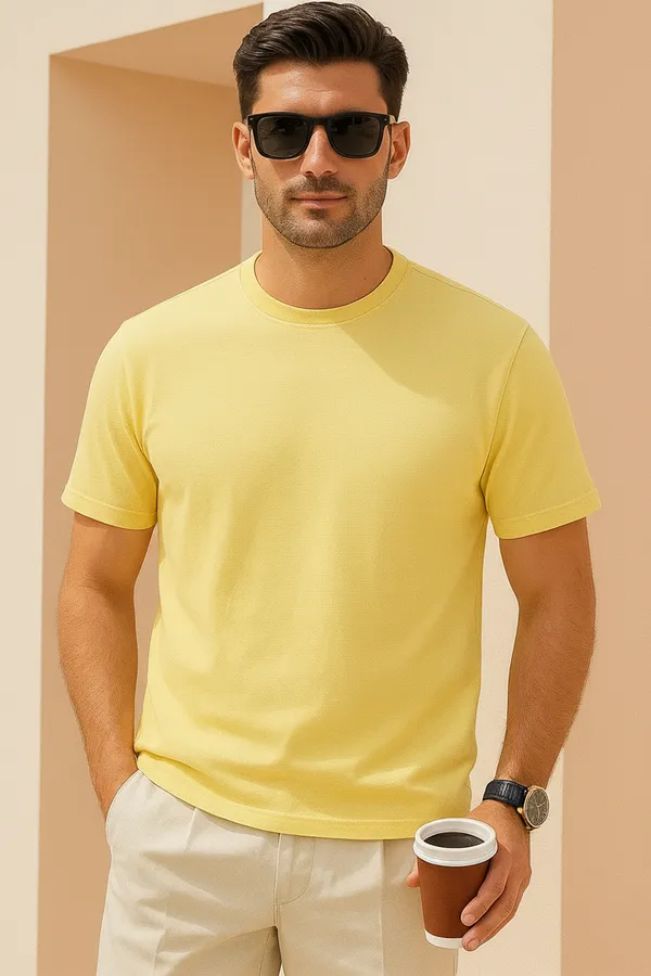 Light_Yellow_Premium_Cotton_Fabric_Regular_Round_Neck_T_Shirt_For_Men