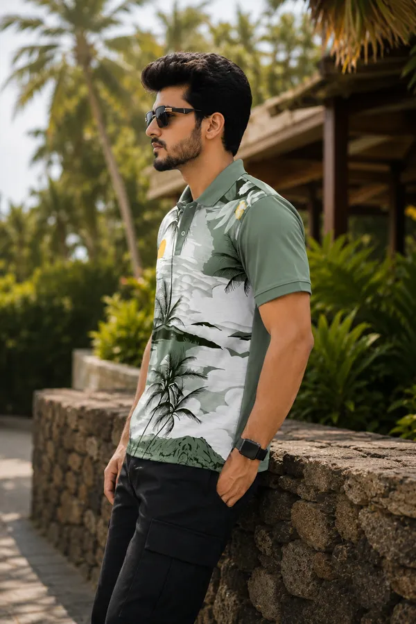 Tshirtsbuddy_Mens_Sage_Green_Tropical_Sunset_Print_Polo_T-Shirt