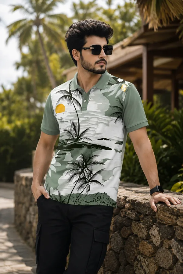 Tshirtsbuddy_Mens_Sage_Green_Tropical_Sunset_Print_Polo_T-Shirt