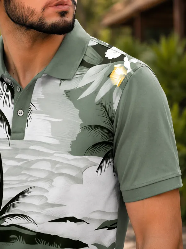 Tshirtsbuddy_Mens_Sage_Green_Tropical_Sunset_Print_Polo_T-Shirt