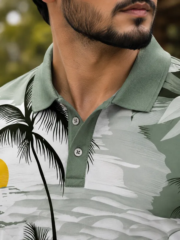 Tshirtsbuddy_Mens_Sage_Green_Tropical_Sunset_Print_Polo_T-Shirt