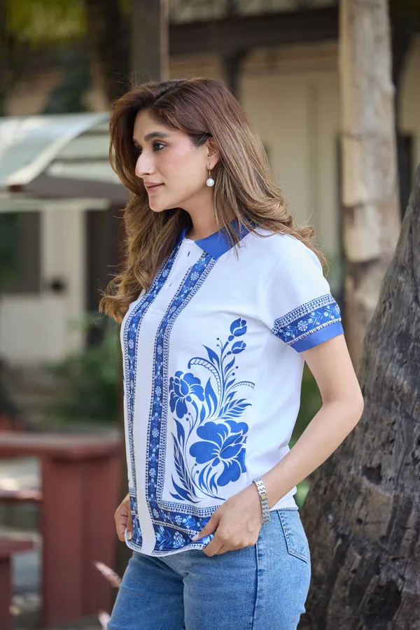 Womens_Blue_Floral_Border_Print_Polo_T-Shirt_White