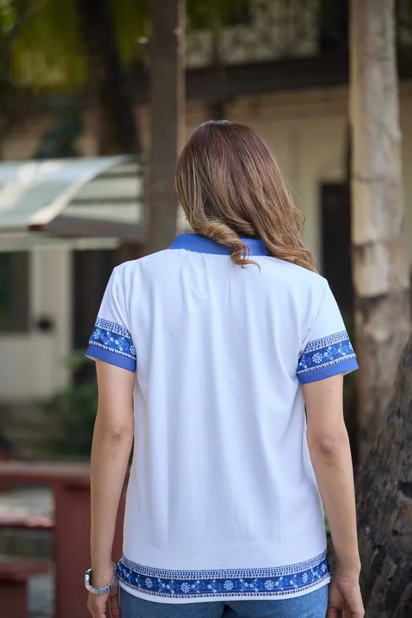 Womens_Blue_Floral_Border_Print_Polo_T-Shirt_White