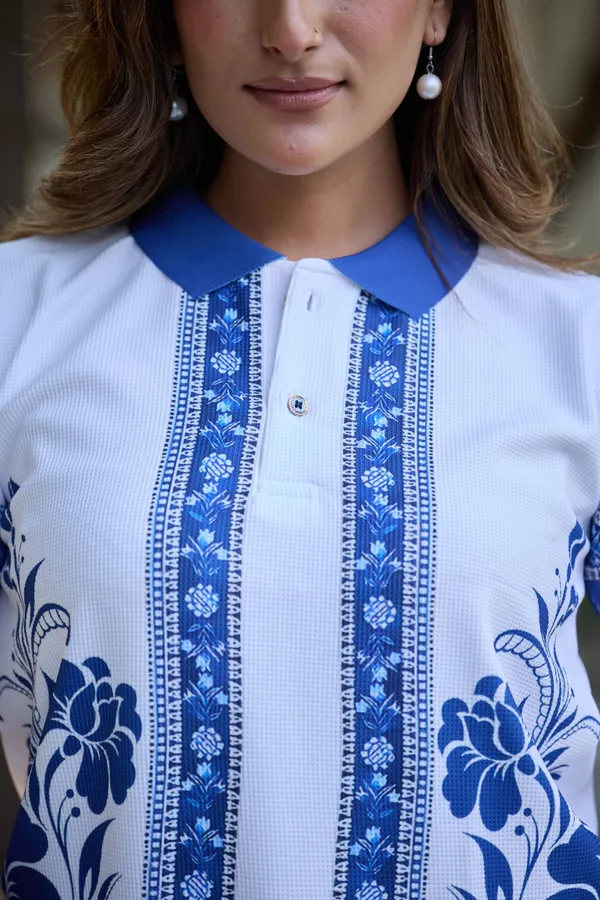 Womens_Blue_Floral_Border_Print_Polo_T-Shirt_White