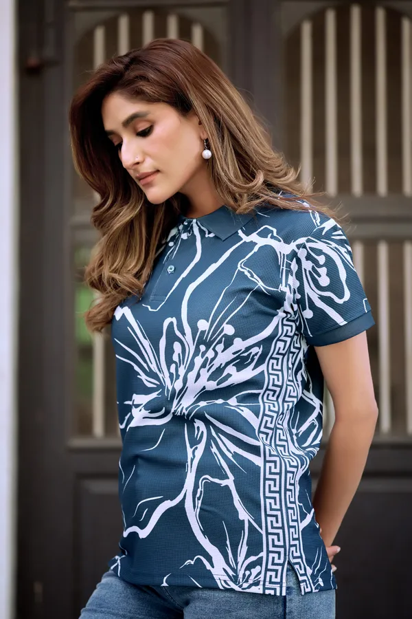 Womens_White_Floral_Outline_Print_Polo_Tshirt
