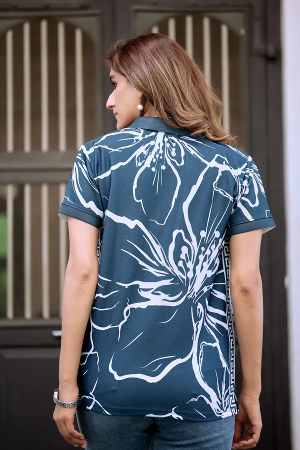 Womens_White_Floral_Outline_Print_Polo_Tshirt
