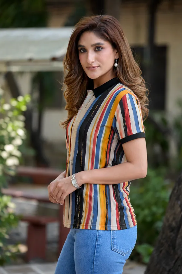 Womens_Multicolor_Vertical_Stripe_Print_Polo_T-Shirt