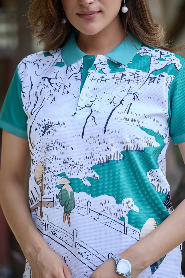 Womens_Teal_Scenic_Landscape_Print_Polo_T-Shirt