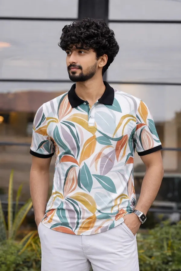 Tshirtsbuddy_Men's_Tropical_Leaf_&_Feather_Print_Polo_T-Shirt