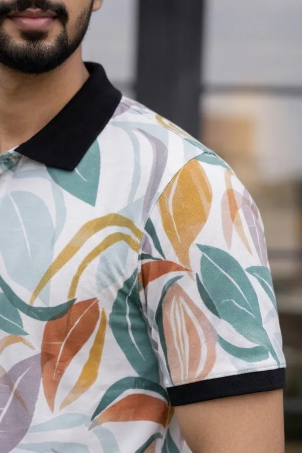 Tshirtsbuddy_Men's_Tropical_Leaf_&_Feather_Print_Polo_T-Shirt