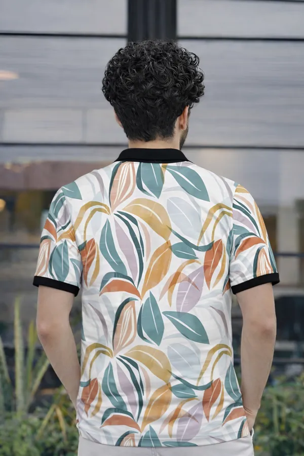 Tshirtsbuddy_Men's_Tropical_Leaf_&_Feather_Print_Polo_T-Shirt