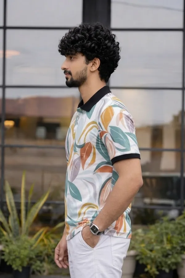 Tshirtsbuddy_Men's_Tropical_Leaf_&_Feather_Print_Polo_T-Shirt