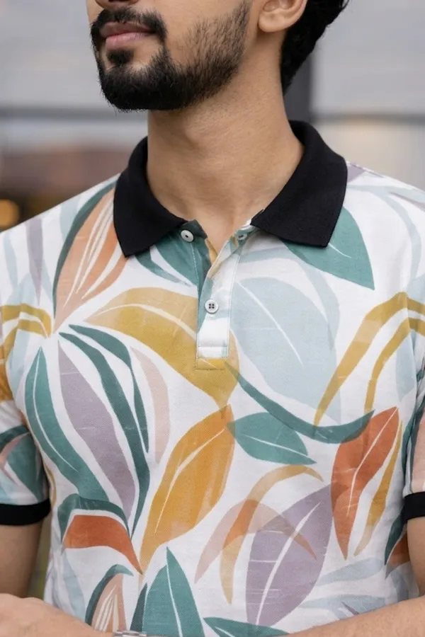 Tshirtsbuddy_Men's_Tropical_Leaf_&_Feather_Print_Polo_T-Shirt