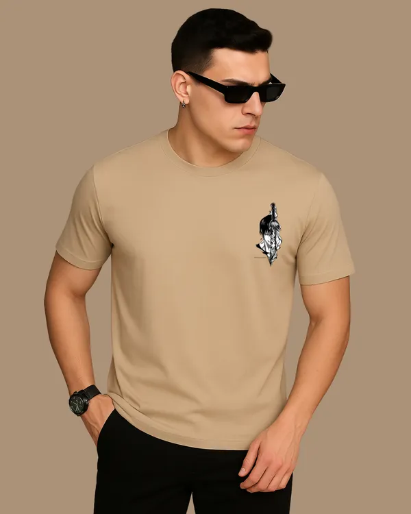 Beige_Premium_Cotton_Fabric_Regular_Round_Neck_T_Shirt_For_Men