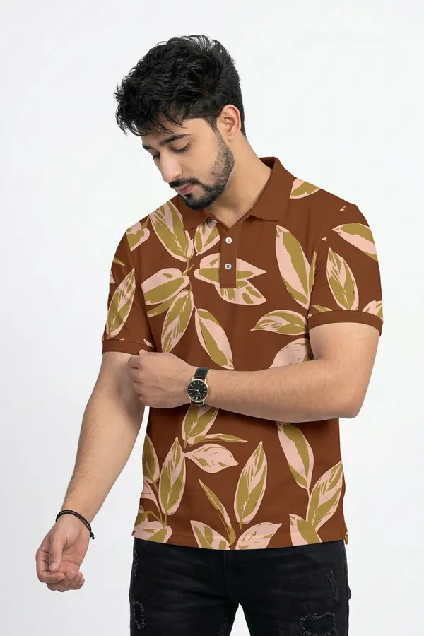 TshirtsBuddy_Men's_Rustic_Brown_Leaf_Pattern_Polo_T-shirt