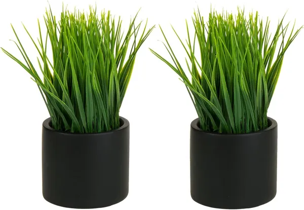 Artificial_Grass_Plant_Set_of_2_in_Black_Plastic_Pots__8_Inch_Tall_Faux_Greenery_for_Home_and_Office_Decor