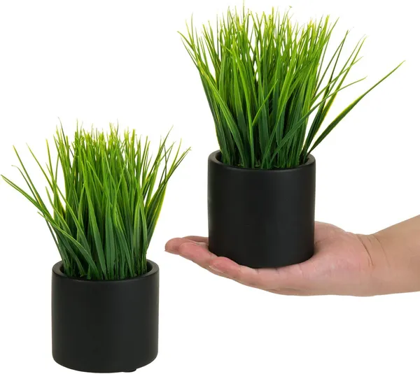 Artificial_Grass_Plant_Set_of_2_in_Black_Plastic_Pots__8_Inch_Tall_Faux_Greenery_for_Home_and_Office_Decor