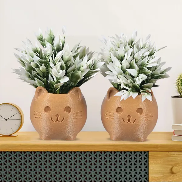 Pack_Of_2_Golden_Cute_Cat_Shaped_Planters_With_Faux_Flowers_Decorative_Animal_Pots_For_Home_Or_Office