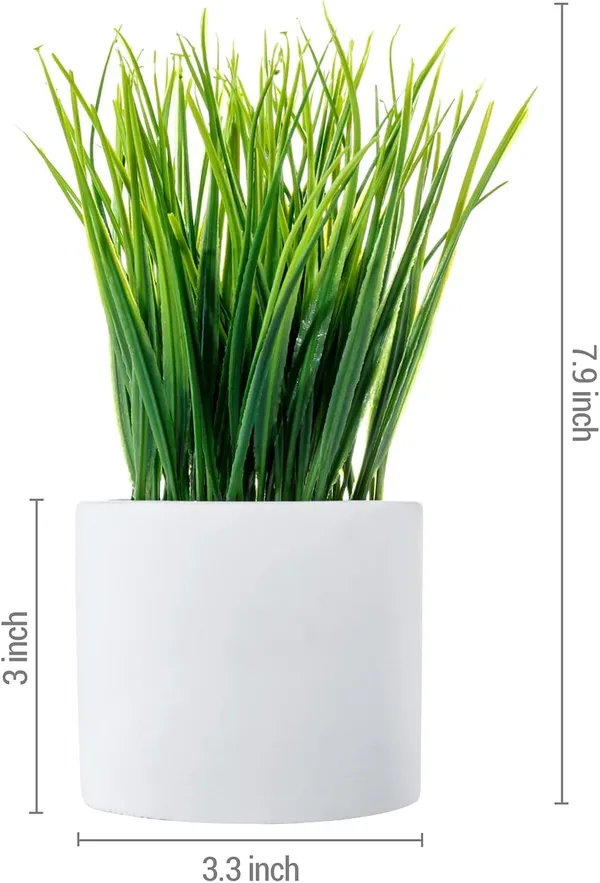 Artificial_Grass_Plant_Set_of_2_in_White_Plastic_Pots__8_Inch_Tall_Faux_Greenery_for_Home_and_Office_Decor