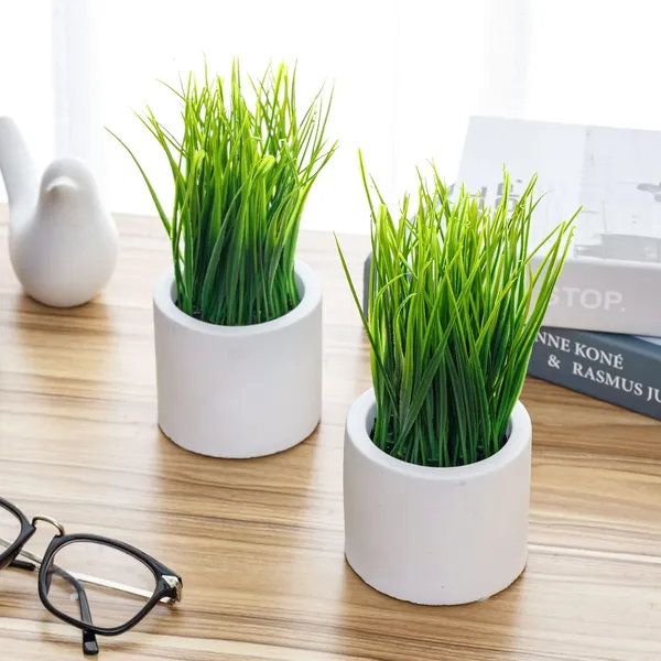 Artificial_Grass_Plant_Set_of_2_in_White_Plastic_Pots__8_Inch_Tall_Faux_Greenery_for_Home_and_Office_Decor