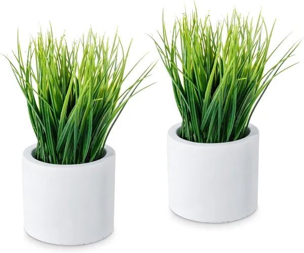 Artificial_Grass_Plant_Set_of_2_in_White_Plastic_Pots__8_Inch_Tall_Faux_Greenery_for_Home_and_Office_Decor