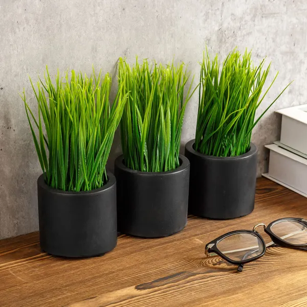 Pack_Of_3_Black_Artificial_Grass_Plants_Pots_Modern_Faux_For_Home_Office_Or_Desk_Decor