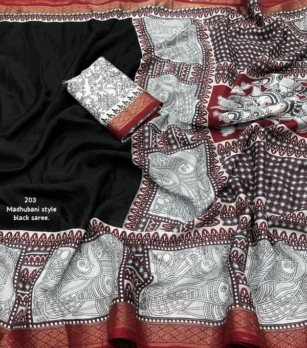 Balck_Madhubani_Style_Soft_Cotton_Saree_For_Women