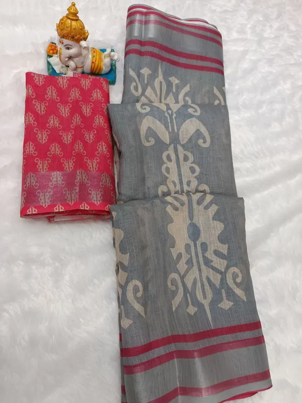 Elegant_Grey_Ikat_Printed_Linan_Cotton_Saree_For_Women