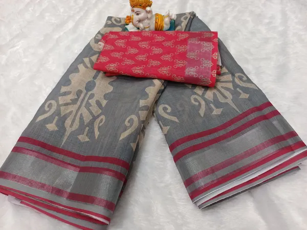 Elegant_Grey_Ikat_Printed_Linan_Cotton_Saree_For_Women