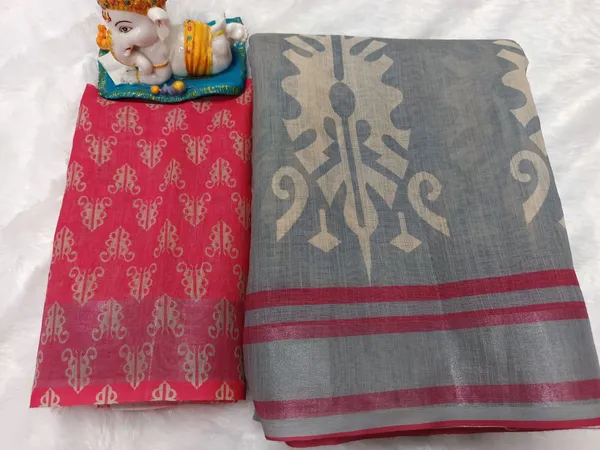 Elegant_Grey_Ikat_Printed_Linan_Cotton_Saree_For_Women