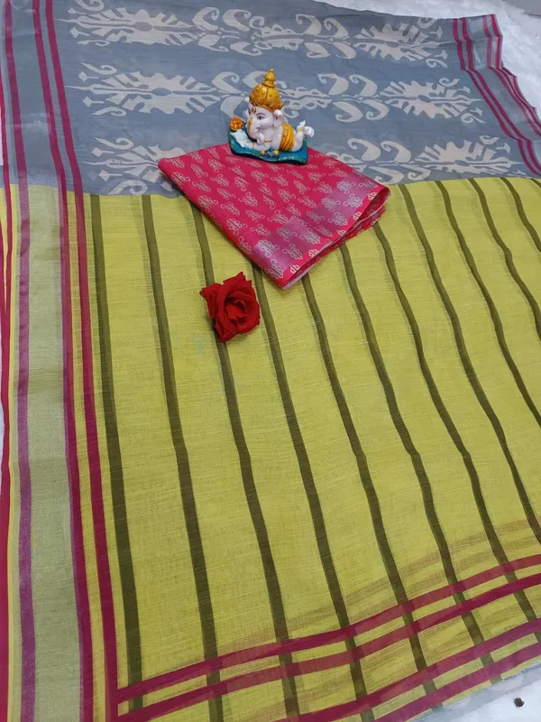 Elegant_Grey_Ikat_Printed_Linan_Cotton_Saree_For_Women